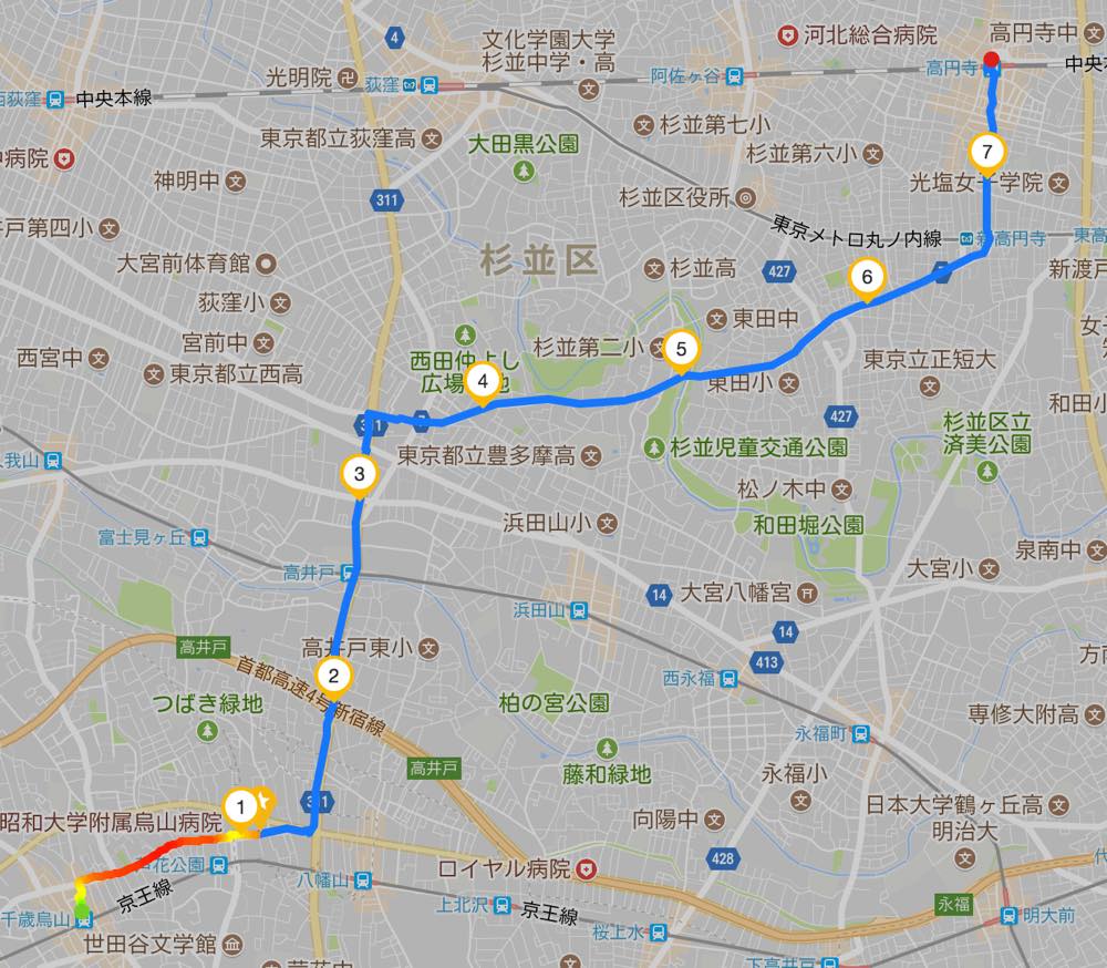 千歳烏山 世田谷 から高円寺へ自転車で行って帰ってくる 往復15km チャリンコログ